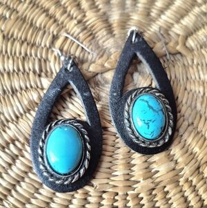 Turquoise And Leather Teardrop Earrings